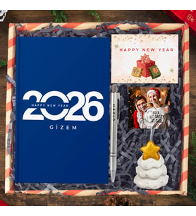 eJOYA Yeni Yıla Özel Defter Ve Kalem & Fotoğraflı Yeni Yıl Ağacı Notluk & Hediye Kutusu 114424 (Lacivert)