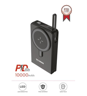 Torima TRM-1019 Siyah 10000 mAh  MagSafe (Kablosuz) Type-C 22,5 W Hızlı Şarj Powerbank