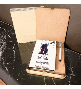 Sevgililer Günü Hediyesi Ahşap Kutulu Defter Kalem Set 009