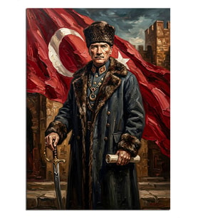 Türk Bayraklı Atatürk Askeri Paltolu Dekoratif Kanvas - Mdf Ahşap Tablo