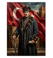 Türk Bayraklı Atatürk Askeri Paltolu Dekoratif Kanvas - Mdf Ahşap Tablo