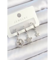 Pirinç Zirkon Taşlı Yıldız Model Gümüş Renk 3'lü Çift Kadın Küpe Set - TJ-BKP10809