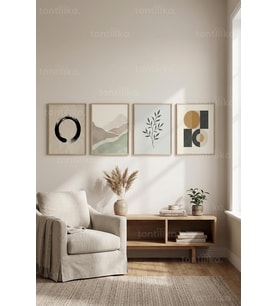 Modern Nötr Soyut ve Minimalist Desenler 4’lü Ahşap Çerçeveli Tablo Seti