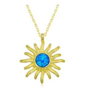 ​Gümüş Gold Mavi Opal Taşlı Güneş Kadın Kolye SL4809