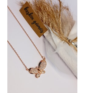 925 Ayar Gümüş Zirkon Taşlı Trend Kelebek Figürlü Gold Kadın Trend Kolye Yılbaşı Yeni Yıl Hediye