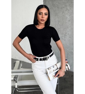 Rahat Şık Kısa Kollu Bisiklet Yaka Likralı Viskon Penye Body Siyah ( Lisinya )