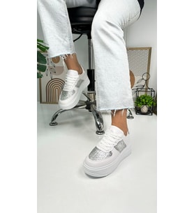 Günlük Kadın Sneaker Bağcıklı Hafif Kalın Yüksek Tabanlı Yürüyüş Nefes Alan Spor Ayakkabı 451 (Beyaz Simli)