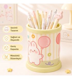 Kawaii Teddy Ayıcık Rabbit Tavşan Desenli Masaüstü Kalemlik Organizer – Geniş Kapasiteli Sevimli Kırtasiye Düzenleyici