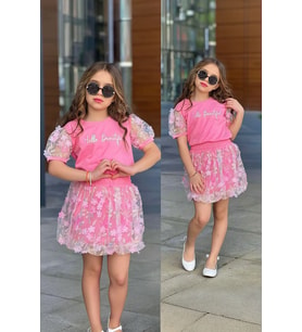 Miniğimin Cicileri Hello Beautiful Çiçek Aplikeli Tüllü Kız Çocuk Etekli 2’Li Takım - Pembe