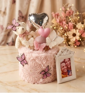 Premium Silindir Peluş Saksıda Kişiye Özel Çerçeveli Sevimli Ayıcık ve Kelebekler Hediye Seti