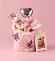Premium Silindir Peluş Saksıda Kişiye Özel Çerçeveli Sevimli Ayıcık ve Kelebekler Hediye Seti