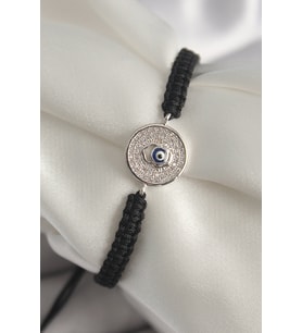 Pirinç Gümüş Renk Zirkon Taşlı Nazar Boncuk İşleme Makrome Asansörlü Model - SSSSSS9177-4