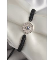 Pirinç Gümüş Renk Zirkon Taşlı Nazar Boncuk İşleme Makrome Asansörlü Model - SSSSSS9177-4