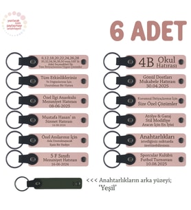 Yakın Aile İçin Hazırlanmış Hediye Seti, 6’lı Takım, İsim Yazılabilir Deri Anahtarlık, Pudra & Yeşil