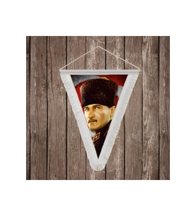 Mavi Gözlü Kalpaklı Gazi Mustafa Kemal Atatürk Ay Yıldız Poster Beyaz Saçaklı Üçgen Flama Bayrak Hatıra Flama ATA37