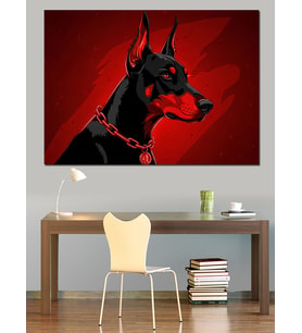 Kırmızı Zemin Üzerinde Doberman Köpeği Dekoratif Kanvas - Mdf Ahşap Tablo