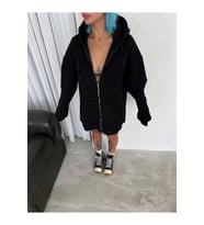 Oversize Tam Fermuarlı Uzun Kol Hırka - Siyah