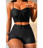 Angelsin Önden Ayarlı Büzgülü Deniz Şortlu Tankini Bikini Takım (Siyah)