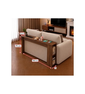 Kitaplıklı Koltuk Arkası MDF Dresuar – 4’lü Priz, USB + Type-C Şarj Konsolu Koltuk Arkası Raf & Yan Sehpa Ceviz150x75x15