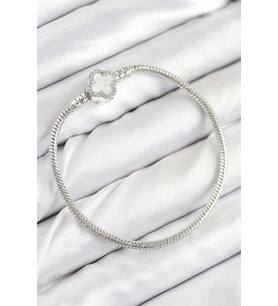 Pirinç Charm Zirkon Taşlı Yonca Model Gümüş Renk Kadın Bileklik