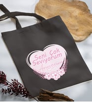 BK Gift Anneler Günü Tasarımlı Antrasit Kumaş Bez Çanta, Baskılı Omuz Çantası, Alışveriş Çantası, Anneler Günü Hediyesi, Anneye Hediye-1
