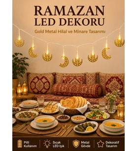 Minareli Hilal LED Işık Gold Metal Gövdeli Pilli Ramazan Dekoru