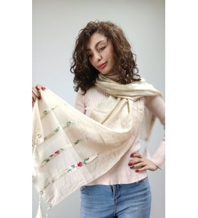 KREM RENGİ YUMUŞAK PÜSKÜLLÜ ÇİÇEKLİ ETNİK KADIN FULAR ŞAL 170X45 CM
