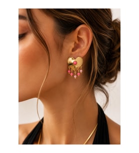 Pembe Taşlı Kalp Figürlü Sallantılı Gold Kadın Küpesi Vintage Tasarım
