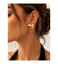Pembe Taşlı Kalp Figürlü Sallantılı Gold Kadın Küpesi Vintage Tasarım