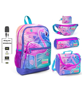 Coral High Pembe Flamingo Baskılı Kız Çocuk İlkokul 5'li Çanta Seti - USB Soketli