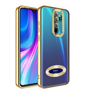 Xiaomi Redmi Note 8 Pro Kılıf Logo Yeri Açık Kamera Lens Korumalı Renkli Kenarlı Şeffaf Silikon (Gold)