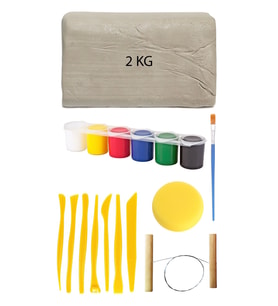 Beyaz Seramik Hamuru 2 Kg Kil Plastik Ebeşuar Seti 6x15 ml Akrilik Set Çamur Kesme Teli Rötuş Sünger