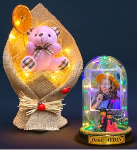 Size Özel Renkli Led Işıklı Fanus ve Led Işıklı Pembe Ayıcık Buketi Hediye Seti (Model 4)