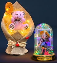 Size Özel Renkli Led Işıklı Fanus ve Led Işıklı Pembe Ayıcık Buketi Hediye Seti (Model 4)