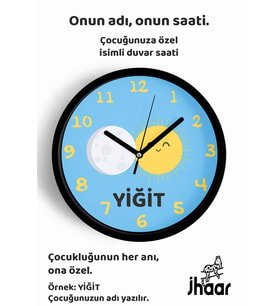 İsme Özel Sevimli Güneş ile Ay Çocuk Odası Duvar Saati Orta Boy 30 cm Siyah Camlı Sessiz