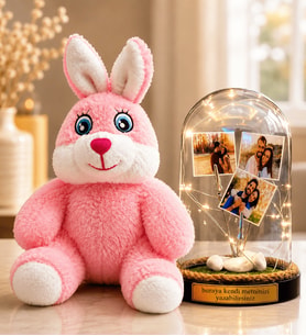 Kişiye Özel 3 Fotoğraflı Yazılı LED Işıklı Fanus - Pembe Peluş Tavşan Hediyeli Romantik Hediye