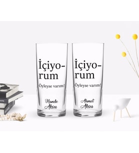 BK Gift Kişiye Özel Renkli Baskılı İçiyorum Öyleyse Varım Tasarımlı İkili Rakı Bardağı Seti-1 (Beyaz)