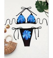 AMOR FACE ÖZEL TASARIM BLUE FLOWERS BASKILI SCUBA DALGIÇ KUMAŞ ŞIK İPLİ BREZİLYA BİKİNİ TAKIMI (Siyah)