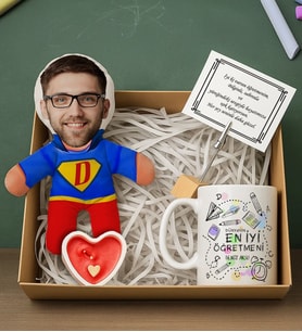 BK Gift Kişiye Özel Erkek Süper Öğretmen Bebek Yastık & Kupa Bardak & Mum & Notluk -1, Öğretmenler Günü, Öğretmene Hediye