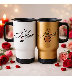 BK Gift Kişiye Özel Sevgili Çift Tasarımlı 2’li Kulplu Beyaz&Gold Çelik Termos Mug 450 ml -13, Sevgiliye Hediye, Sevgililer Günü Hediyesi