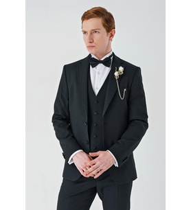 Siyah Çıkarılabilir Mono Yaka Yelekli Likralı 6 Drop Slim Fit Smokin Damatlık 1001240201