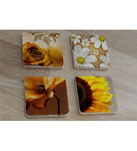 Sarı Gül ve Çiçekler Doğal Taş Bardak Altlığı 4'lü set - Natural Stone Coasters