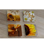 Sarı Gül ve Çiçekler Doğal Taş Bardak Altlığı 4'lü set - Natural Stone Coasters