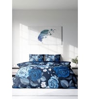 Çift Kişilik ( Lastikli Çarşaflı ) %100 Pamuk Saten Nevresim Takımı Blue Flower