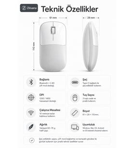 Şarjlı Kablosuz Gri Mouse Bluetooth + 2.4G Çift Modlu Type-C Şarjlı Sessiz Tuşlu Ergonomik Optik 1200/1600 DPI Taşınabilir Mouse