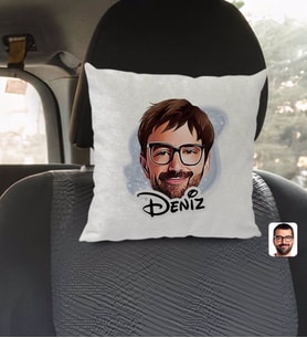 BK Gift Kişiye Özel İsimli Erkek Yüz Karikatürlü Kare Araç Koltuk Yastığı-1