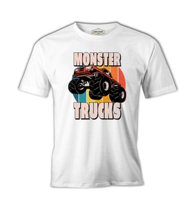 Monster Trucks Circle Sunset Background Beyaz Erkek Tshirt