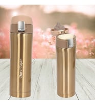 KİŞİYE ÖZEL İSİM BASKILI BASMALI OTOMATİK AÇILIR KAPAKLI PASLANMAZ ÇELİK TERMOS 450 ML (Gold)