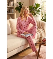 Çilek Desenli Milano Örme Önden Düğmeli Gömlek Yaka Uzun Kollu Pijama Takımı Pembe Çilek