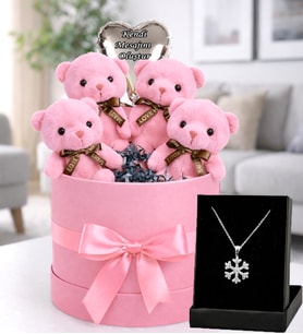 Hediye Seti Ayıcık Buketi 4’lü Pembe Love Ayıcık Hediye Kutusu, Kendi Mesajını Oluştur Balon & Kar Tanesi Kolye Seti